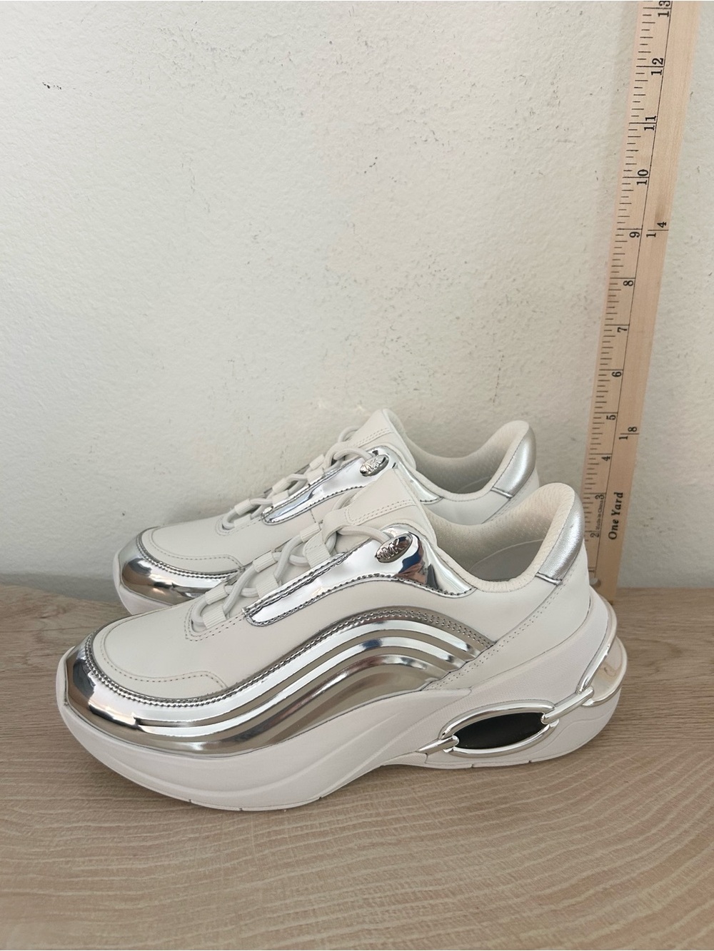 New Michael Kors Toni Mixed-Media Trainer White/Silver, Size 7.5, $195 Retail